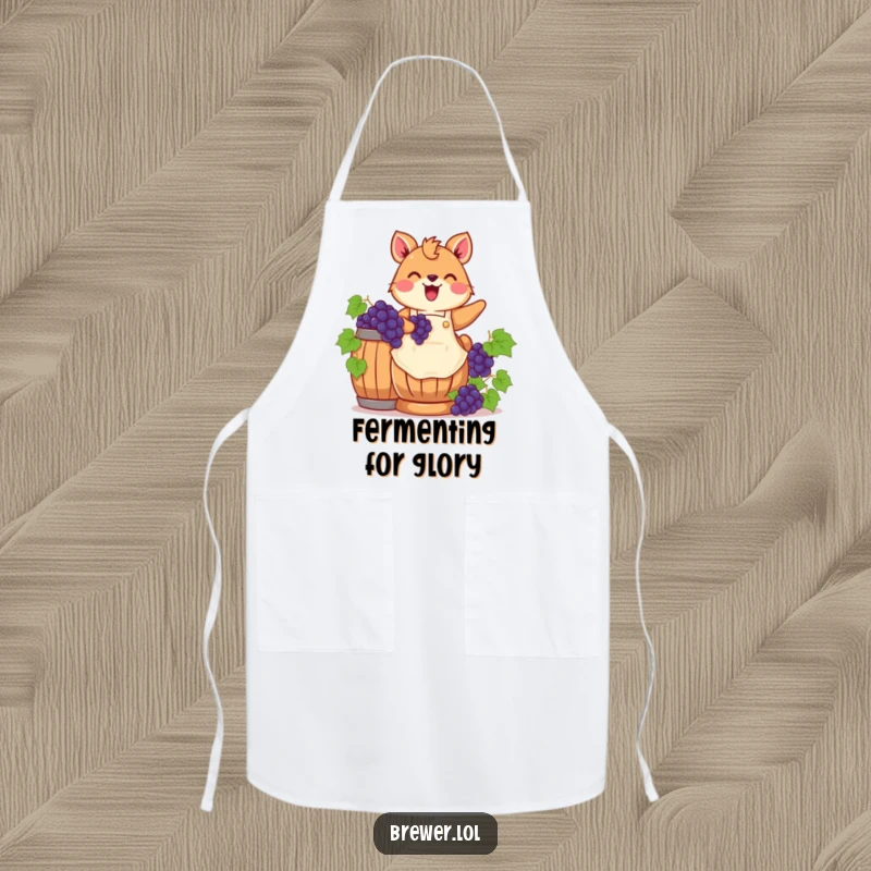 Funny grape stomping animal apron graphic, wearing an apron, joyfully stomping grapes in a wooden barrel, perfect for kitchen fun.