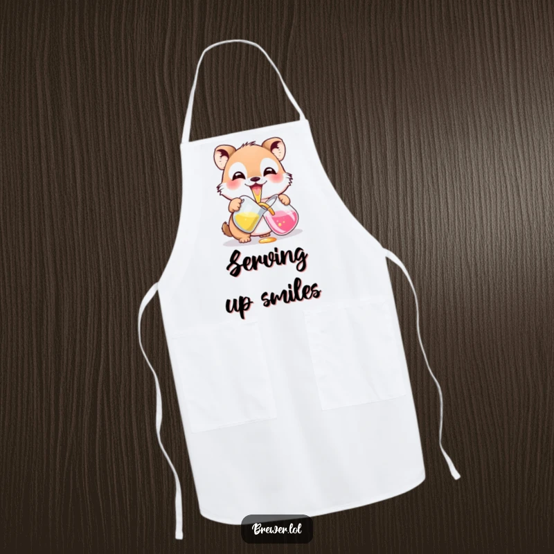 Funny potion pouring animal apron graphic, with a wide grin, carefully pouring colorful liquid from a pitcher, perfect for creative tasks.