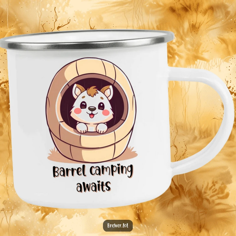 Funny surprised animal camping mug, peeking inside a giant, stylized barrel with a surprised face, perfect for outdoor curiosity.