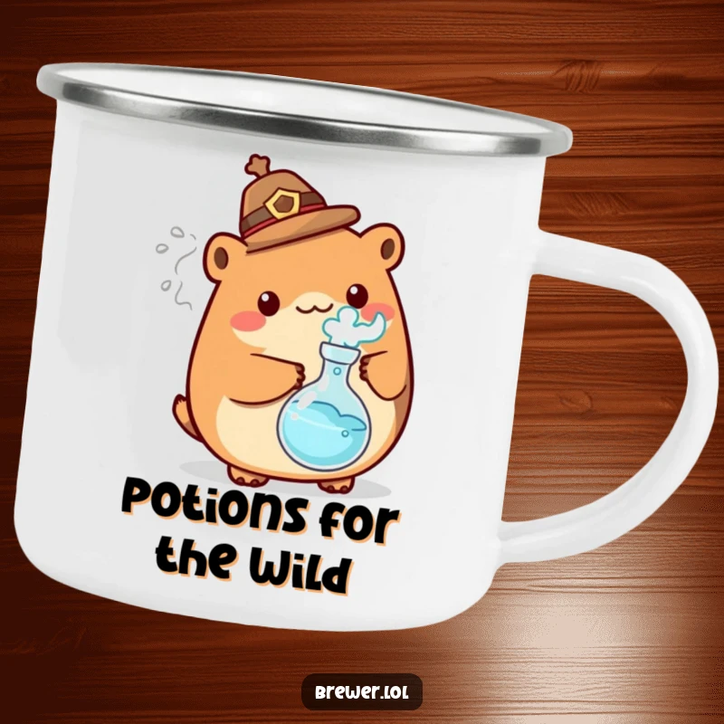 Funny mad scientist animal camping mug, wearing a hat, holding a bubbling flask with energetic steam, designed for outdoor humor.