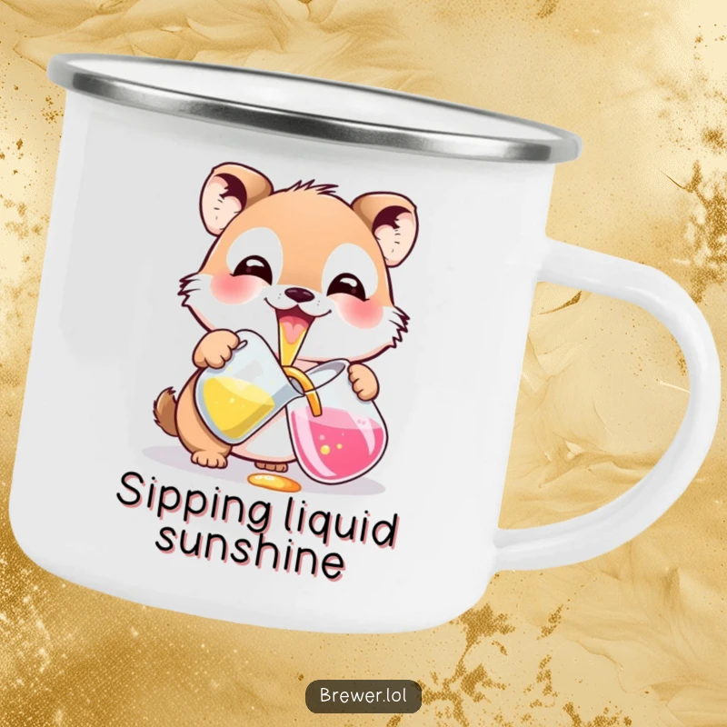 Funny potion pouring animal camping mug, with a wide grin, carefully pouring colorful liquid from a pitcher, perfect for outdoor creativity.