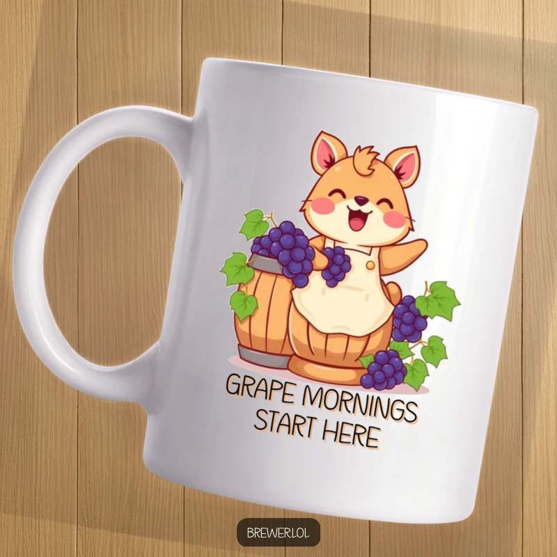 Funny cheerful animal wearing an apron, joyfully stomping grapes in a wooden barrel, perfect for wine making humor.