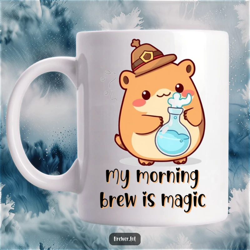 Funny mad scientist animal in a hat, holding a bubbling flask with energetic steam, perfect for a quirky chemist.