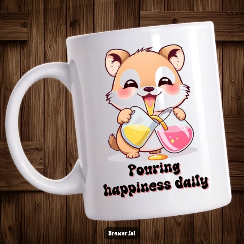 Funny small animal with a wide grin, carefully pouring colorful liquid from a pitcher, perfect for potion making humor.
