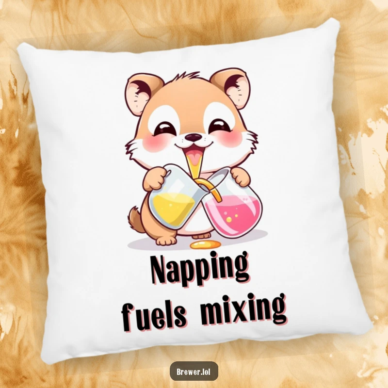Funny potion pouring animal design on a decorative pillow, with a wide grin, carefully pouring colorful liquid, adding artistic flair.