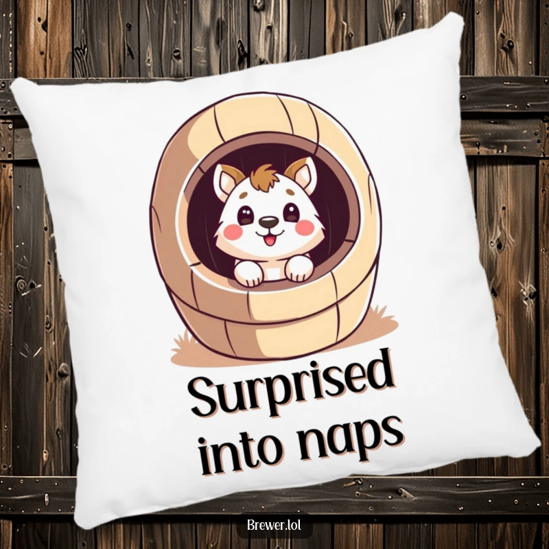 Funny surprised animal design on a decorative pillow, peeking inside a giant, stylized barrel with a surprised face, adding comfort.