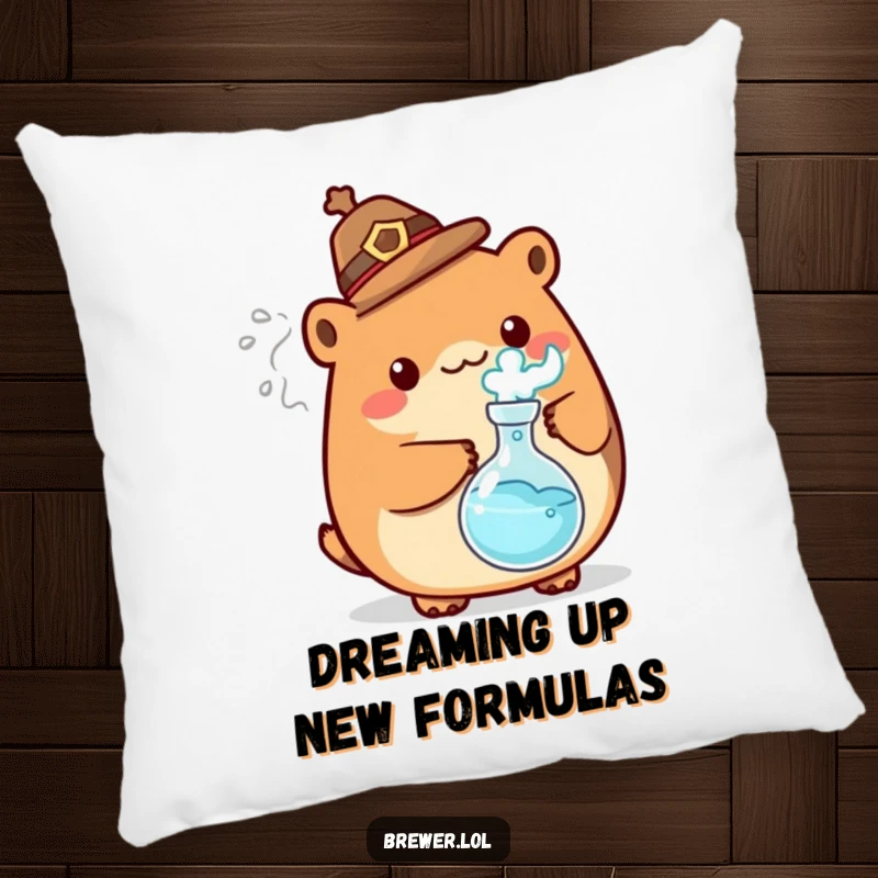 Funny mad scientist animal design on a decorative pillow, holding a bubbling flask with energetic steam, perfect for a humorous touch.