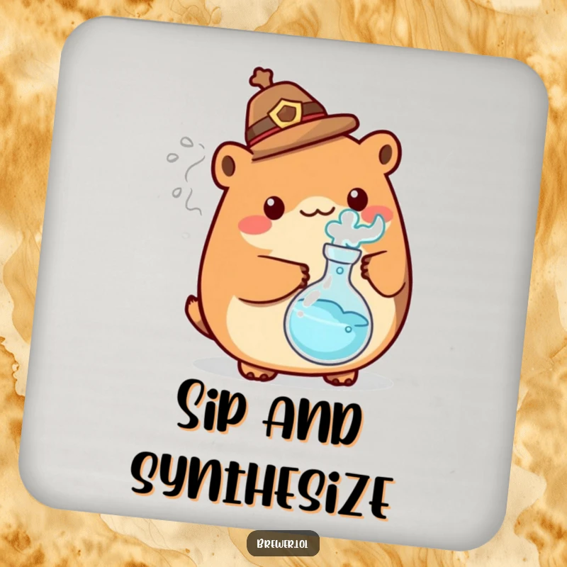 Funny mad scientist animal design on a drink coaster, holding a bubbling flask with energetic steam, protecting surfaces humorously.