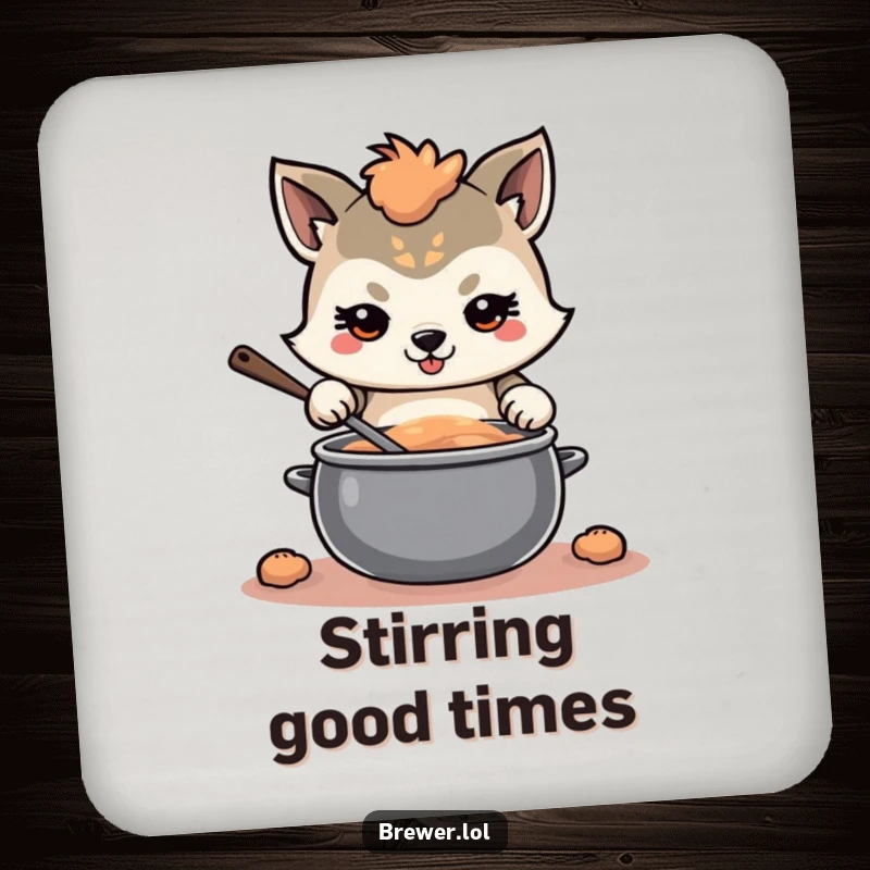 Funny determined animal design on a drink coaster, with a focused expression, stirring a large, swirling pot, offering focused protection.