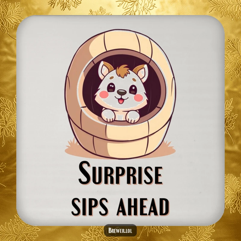 Funny surprised animal design on a drink coaster, peeking inside a giant, stylized barrel with a surprised face, offering playful protection.