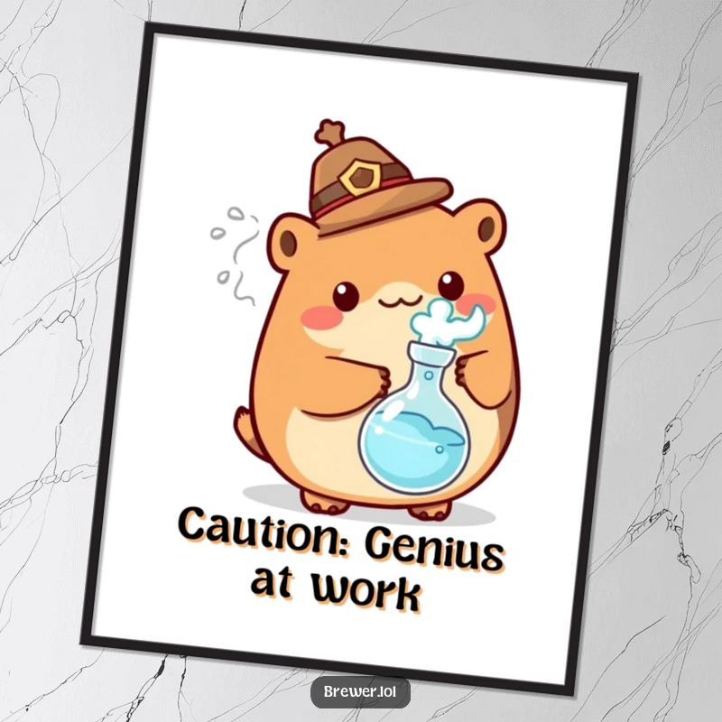 Funny mad scientist animal poster art, wearing a hat, holding a bubbling flask with energetic steam, a humorous addition to any wall.