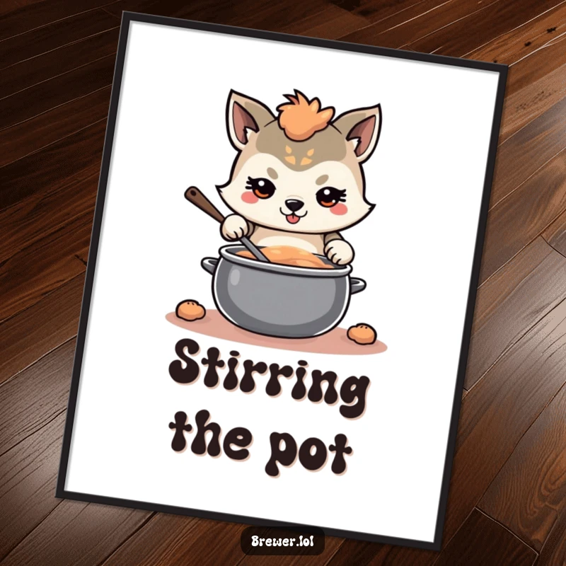 Funny determined animal poster art, with a focused expression, stirring a large, swirling pot, creating a motivational wall display.