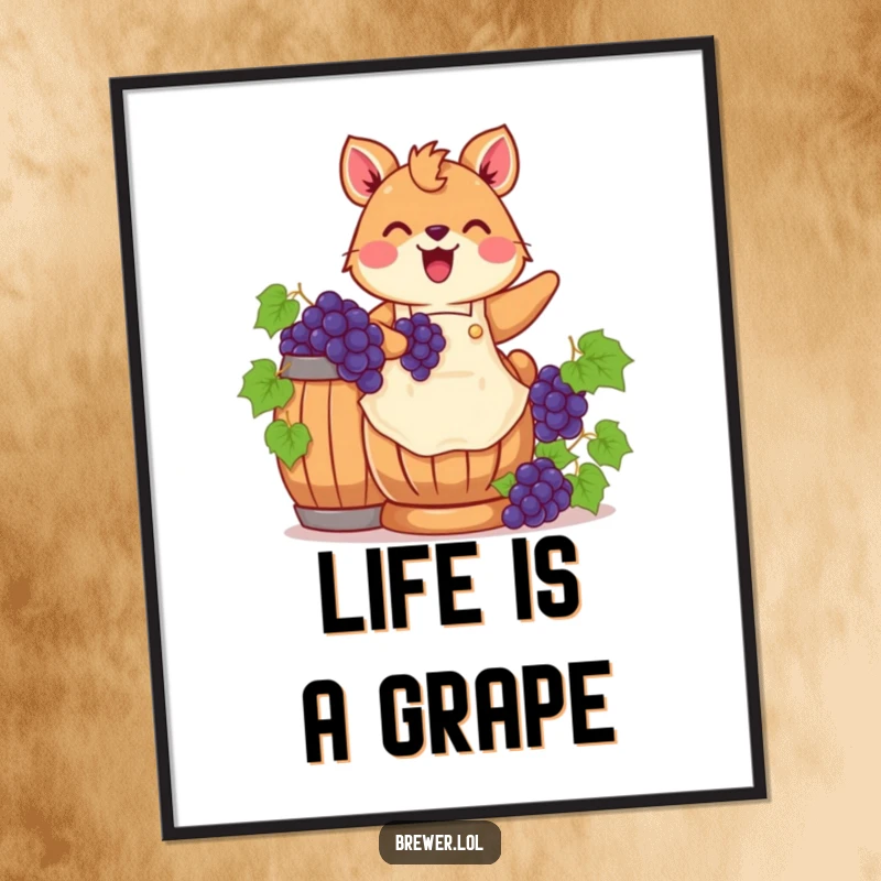 Funny grape stomping animal poster art, wearing an apron, joyfully stomping grapes in a wooden barrel, capturing vineyard cheer.