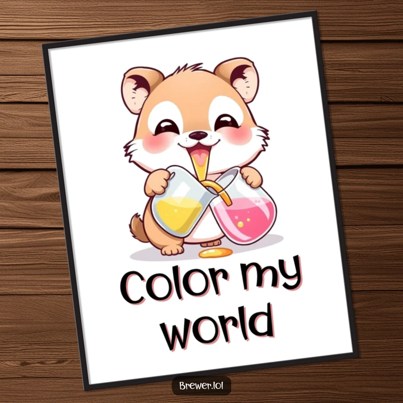 Funny potion pouring animal poster art, with a wide grin, carefully pouring colorful liquid from a pitcher, adding vibrant decor.