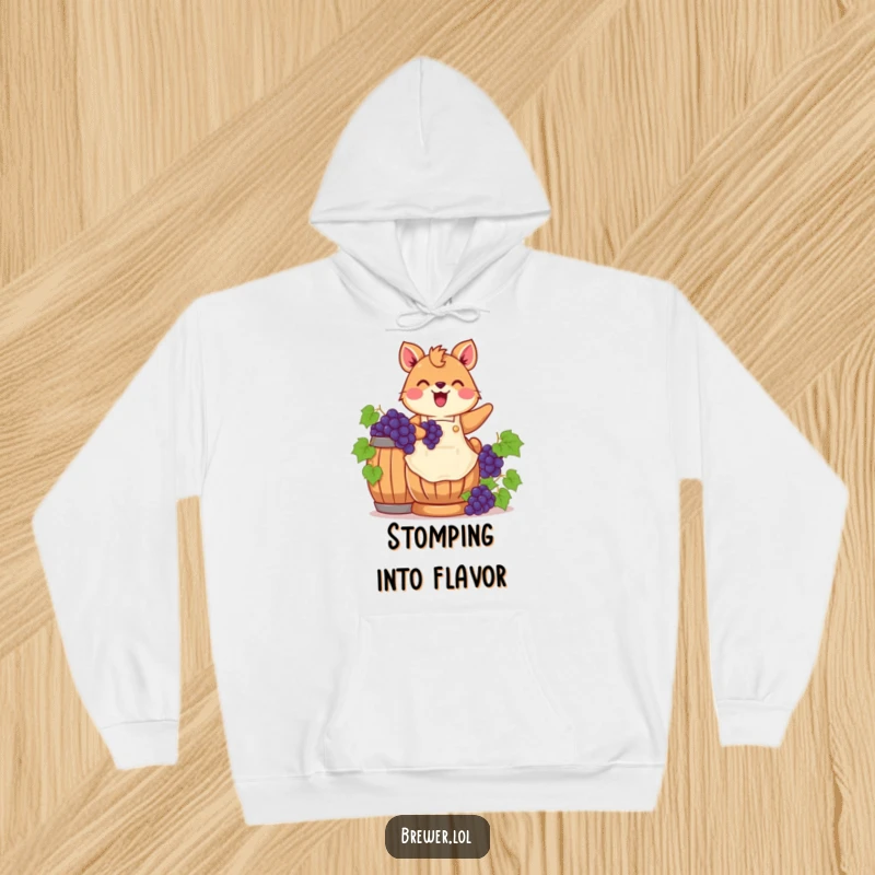 Funny grape stomping animal graphic on a hoodie, wearing an apron, joyfully stomping grapes in a wooden barrel, embodying festive spirit.