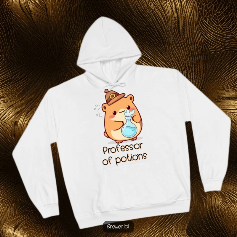 Funny mad scientist animal design on a hoodie, wearing a hat, holding a bubbling flask with energetic steam, ideal for humor lovers.