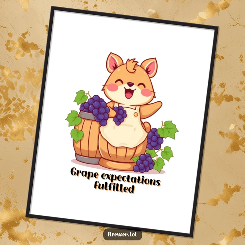 Funny Free Printable Wall Art: Cheerful animal in apron stomps grapes, creating humorous, downloadable vineyard-themed decor.