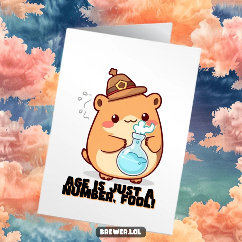 Funny Free Printable Birthday Card: Mad scientist animal in hat brews a bubbly potion, perfect for a humorous DIY greeting.