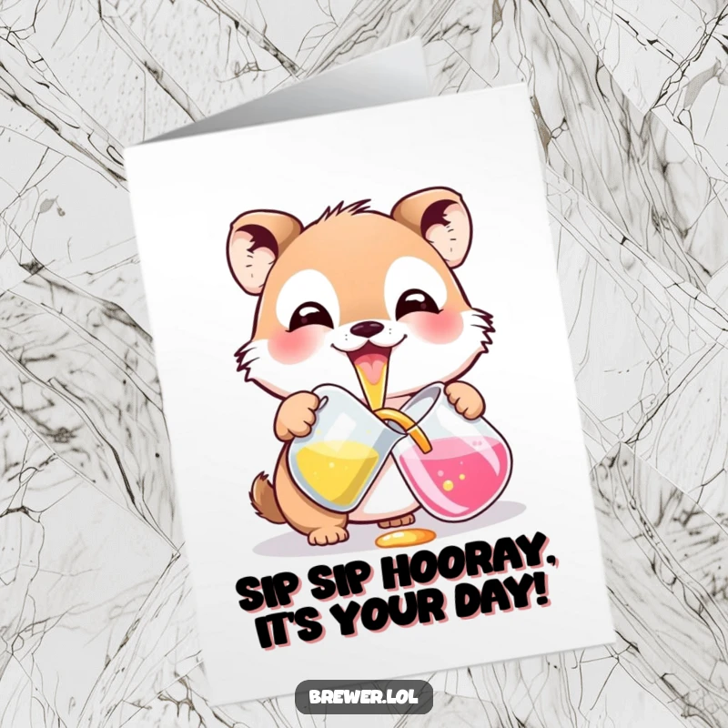Funny Free Printable Birthday Card: Small animal grins while pouring colorful liquid, offering a humorous, magical greeting.