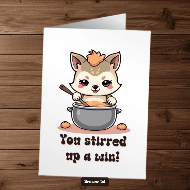 Free Printable Congrats Card: Focused animal stirs a large pot, a humorous downloadable gift for achievements.