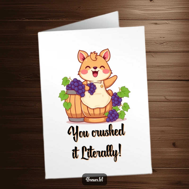 Free Printable Congrats Card: Happy animal stomps grapes in barrel, offering a humorous downloadable celebration.