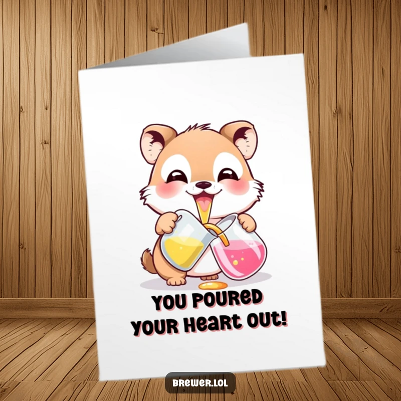 Free Printable Congrats Card: Small animal grins pouring colorful liquid, a funny downloadable gift for celebrations.