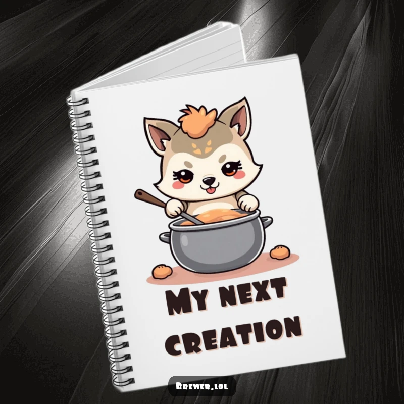Funny determined animal on a notebook cover, with a focused expression, stirring a large, swirling pot, encouraging detailed notes.