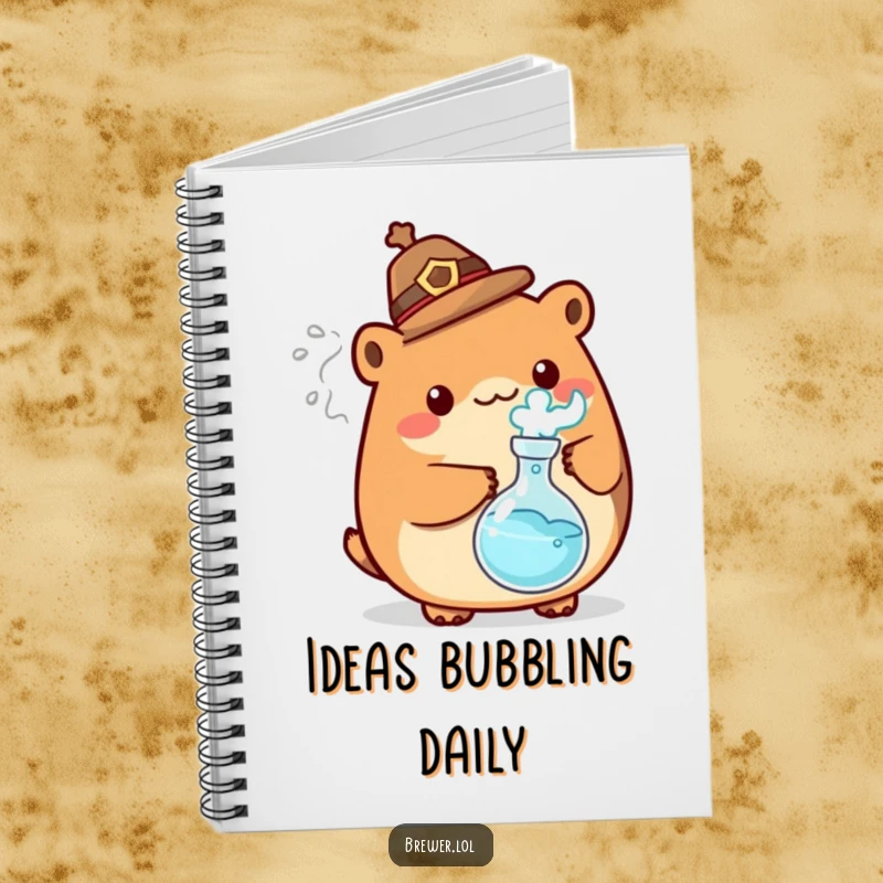 Funny mad scientist animal on a notebook cover, wearing a hat, holding a bubbling flask with energetic steam, encouraging creative thoughts.