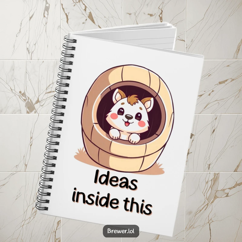 Funny surprised animal on a notebook cover, peeking inside a giant, stylized barrel with a surprised face, encouraging curious notes.