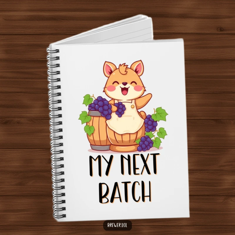 Funny grape stomping animal on a notebook cover, wearing an apron, joyfully stomping grapes, inspiring creative writing.