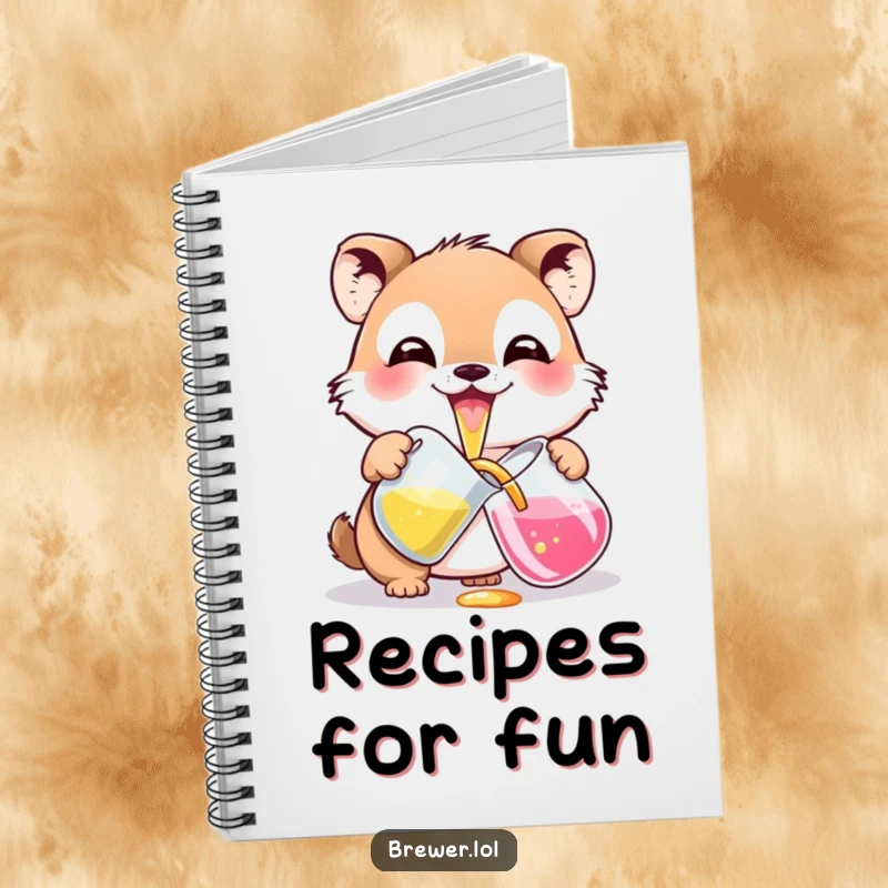 Funny potion pouring animal on a notebook cover, with a wide grin, carefully pouring colorful liquid, encouraging creative writing.