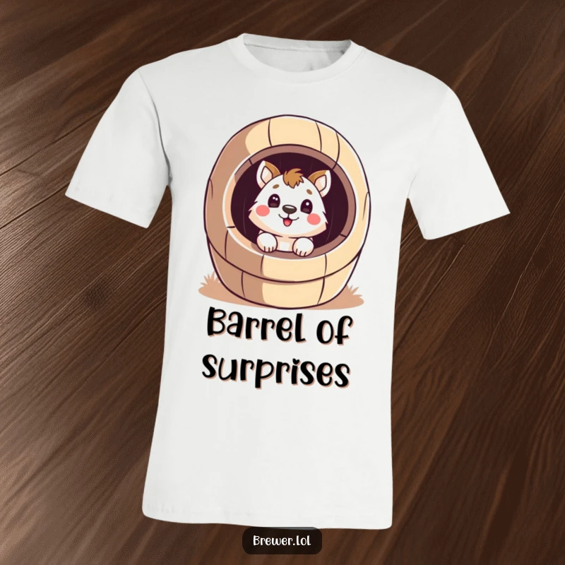 Funny surprised animal T-shirt design, peeking inside a giant, stylized barrel with a surprised face, showcasing playful curiosity.