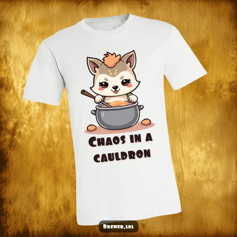 Funny determined animal T-shirt design, with a focused expression, stirring a large, swirling pot, embodying concentration and drive.
