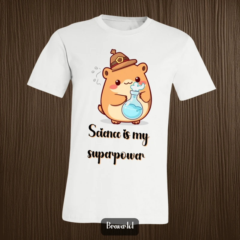 Funny mad scientist animal T-shirt graphic, wearing a hat and holding a bubbling flask, radiating energetic steam and humor.