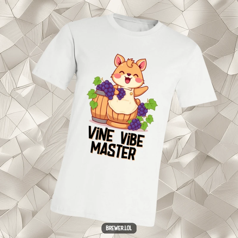 Funny cheerful animal T-shirt design, wearing an apron, joyfully stomping grapes in a wooden barrel, celebrating harvest fun.