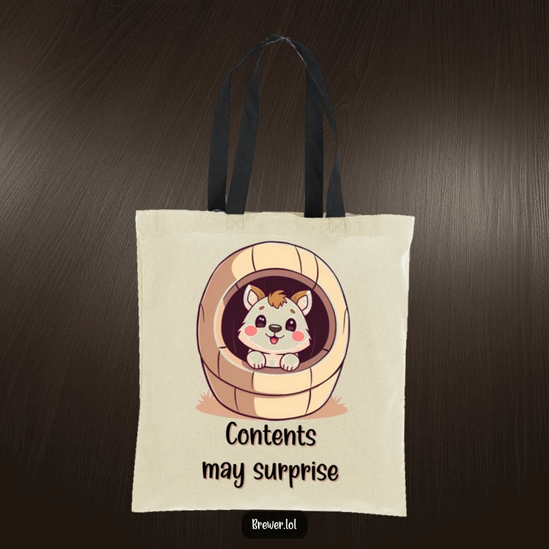 Funny surprised animal on a tote bag, peeking inside a giant, stylized barrel with a surprised face, representing curiosity.