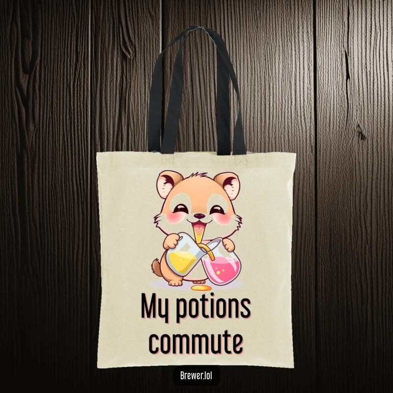 Funny potion pouring animal on a tote bag, with a wide grin, carefully pouring colorful liquid from a pitcher, for stylish carrying.